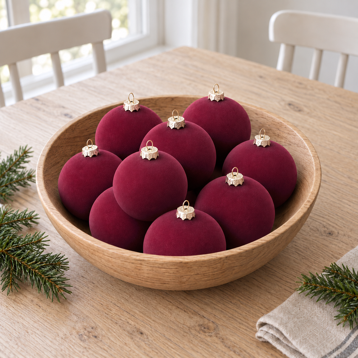 Nine burgundy velvet baubles piled in a wide wooden bowl on a dining table