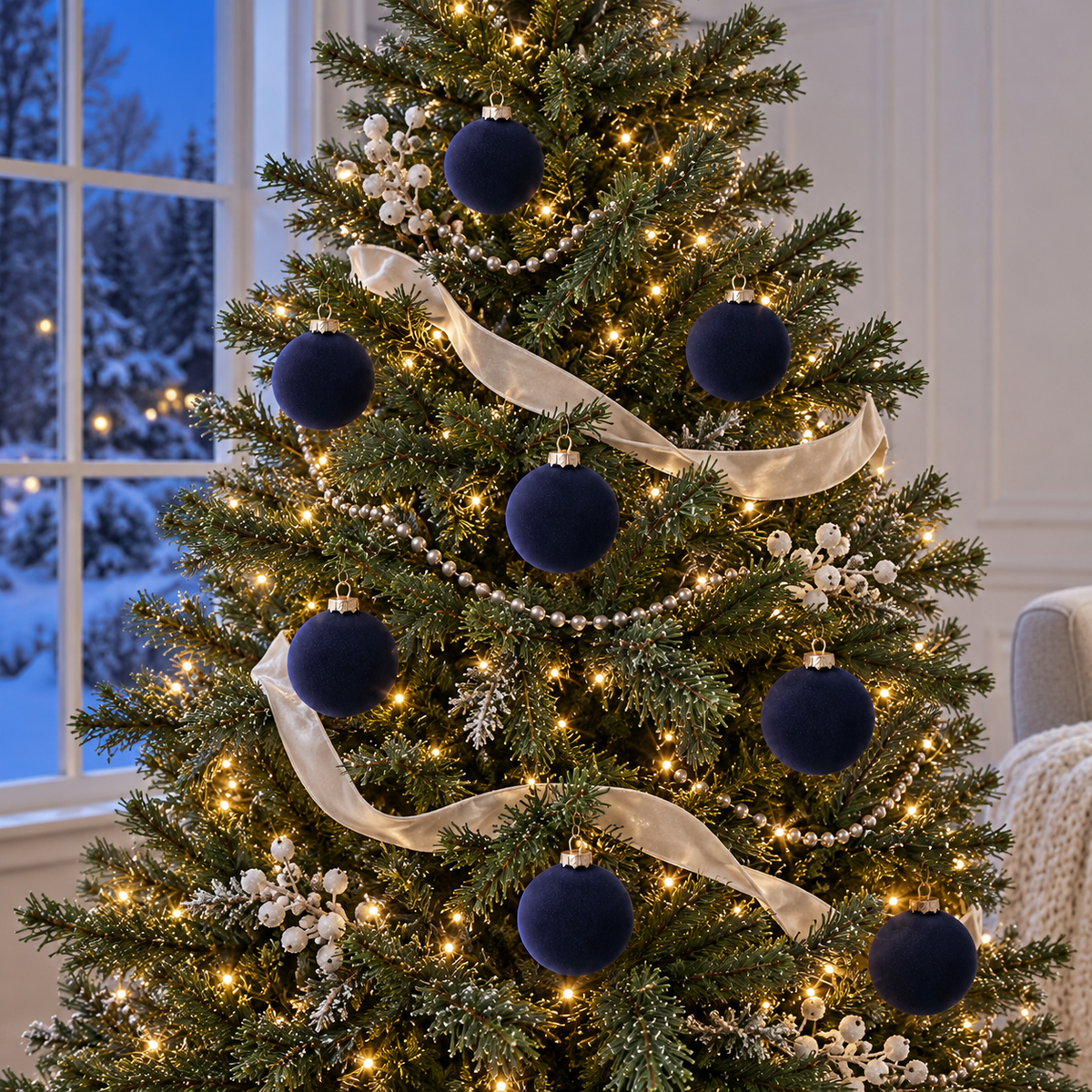 Navy velvet baubles on a lit green fir tree beside a window at dusk, with snowy trees outside