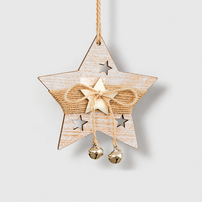 White-washed wooden star Christmas ornament with a twine band, wooden star and two small bells