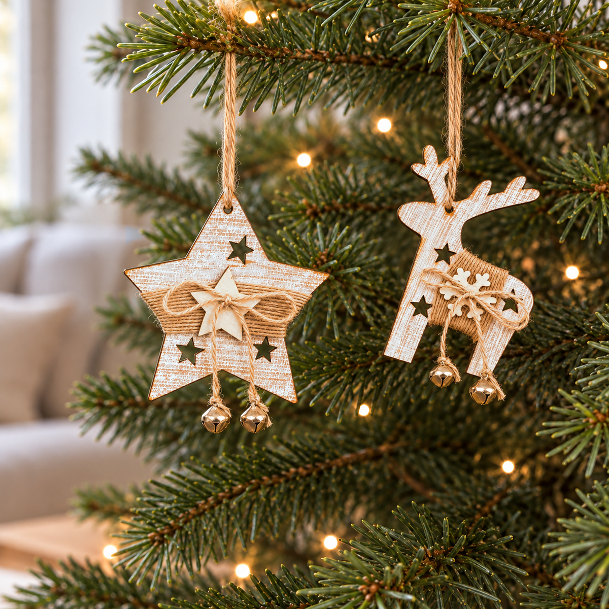 Wooden star and reindeer ornaments with bells hanging on a green Christmas tree