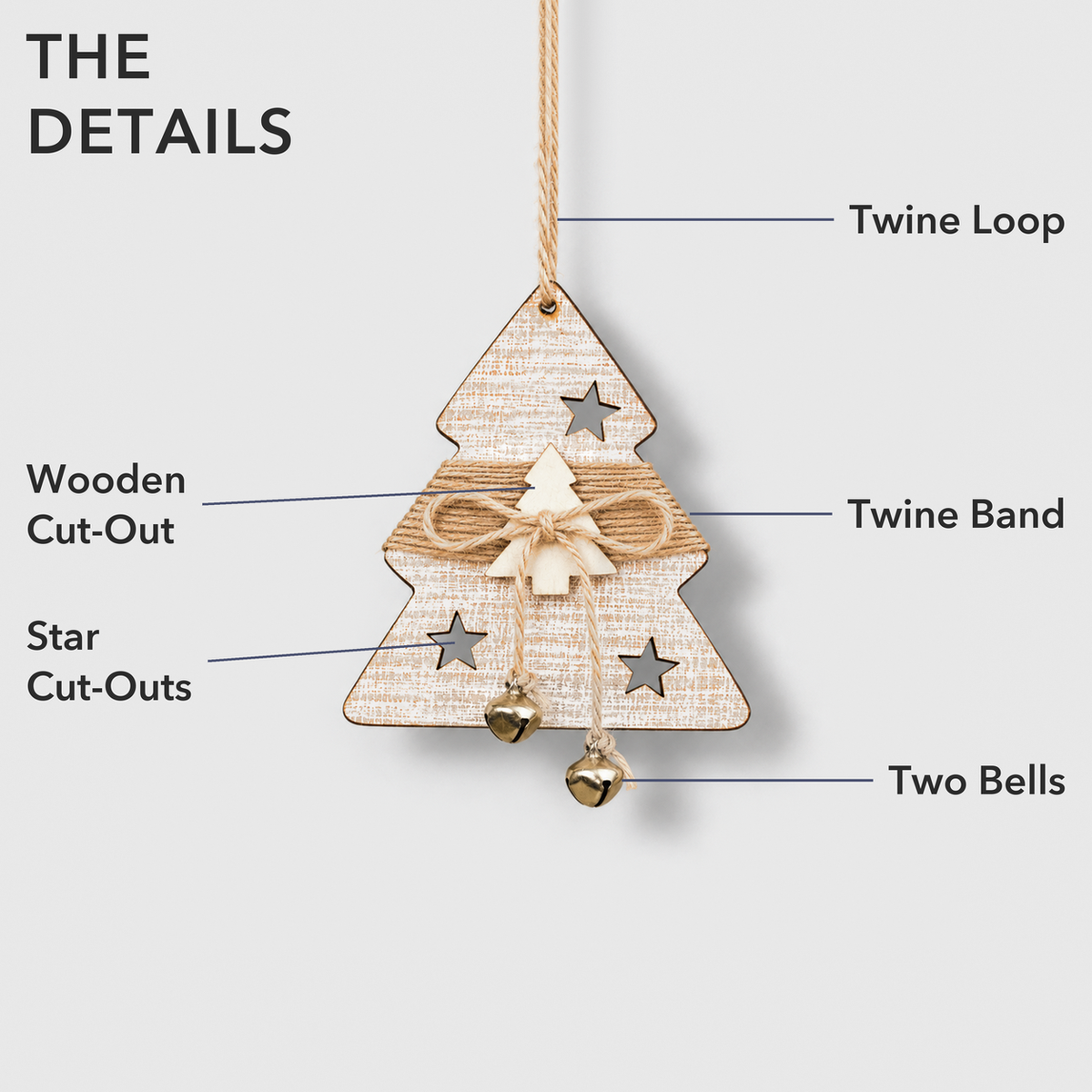 Wooden tree ornament labelled with its twine loop, star cut-outs, twine band, wooden cut-out and two bells