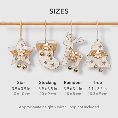 The four wooden ornament styles side by side with their sizes, each about 4 inches tall