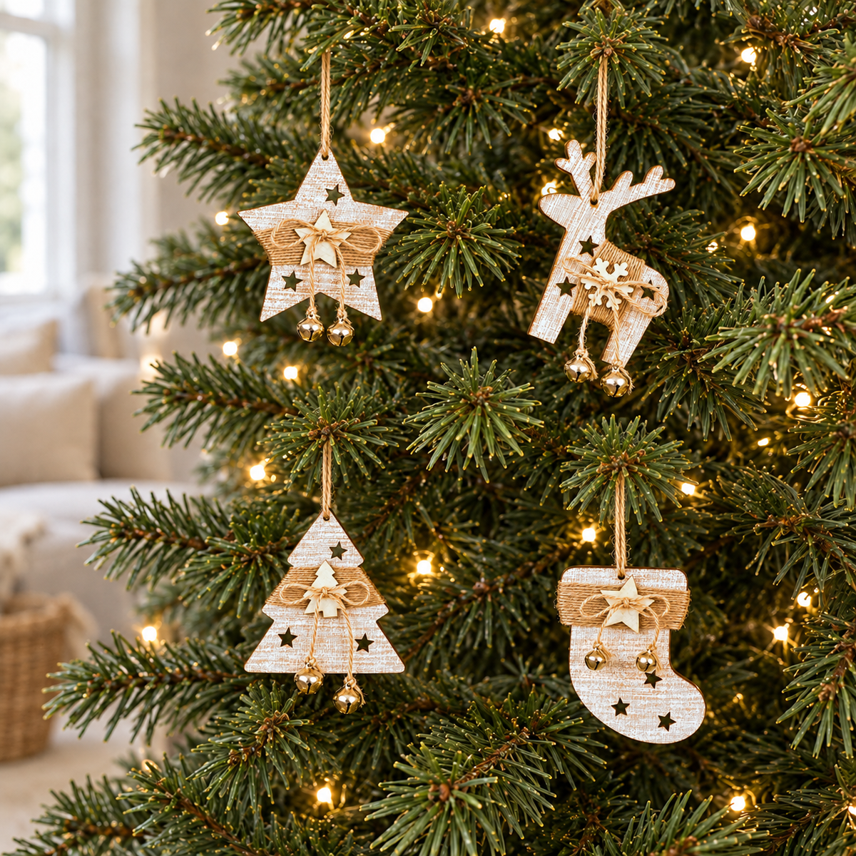 Wooden star, stocking, reindeer and tree ornaments together on a Christmas tree in a living room