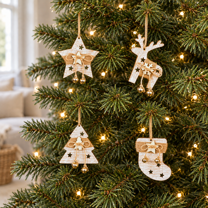 Wooden star, stocking, reindeer and tree ornaments together on a Christmas tree in a living room