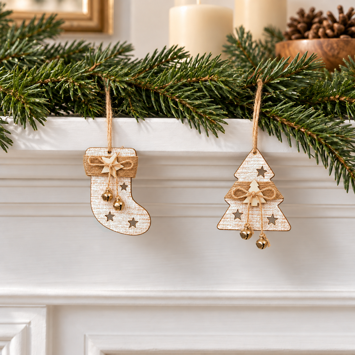 Wooden stocking and tree ornaments hanging from a garland along a fireplace mantel