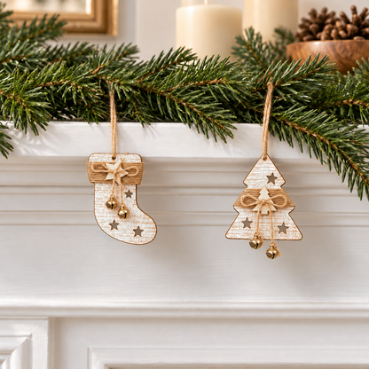 Wooden stocking and tree ornaments hanging from a garland along a fireplace mantel
