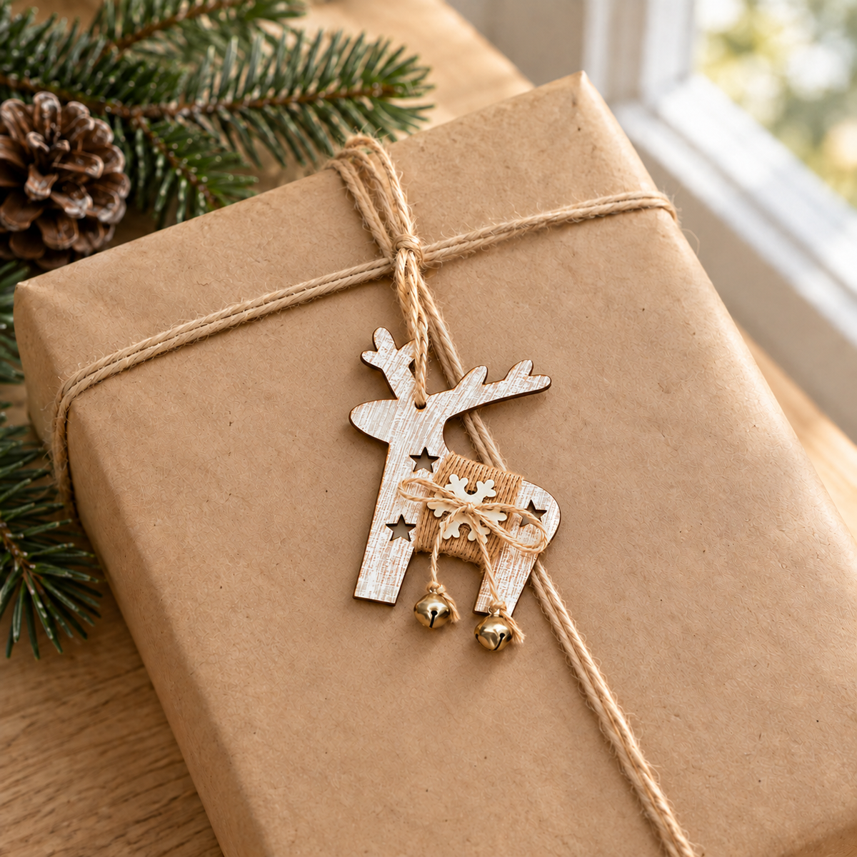 Wooden reindeer ornament with bells tied to a present wrapped in brown paper