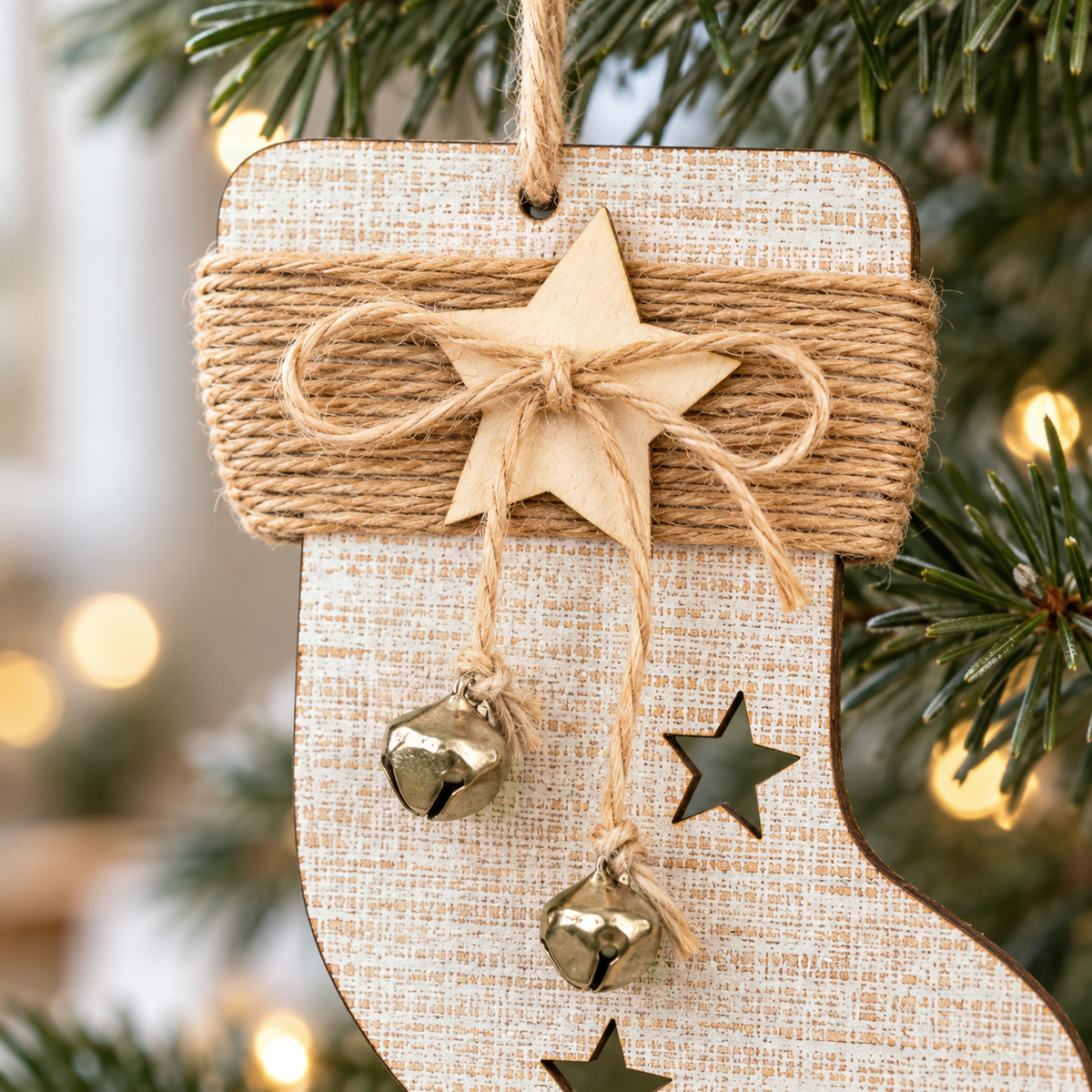 Close-up of the white-washed wood grain, wound twine and bells on the stocking ornament