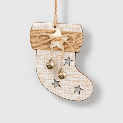 White-washed wooden stocking Christmas ornament with a twine cuff, wooden star and two small bells