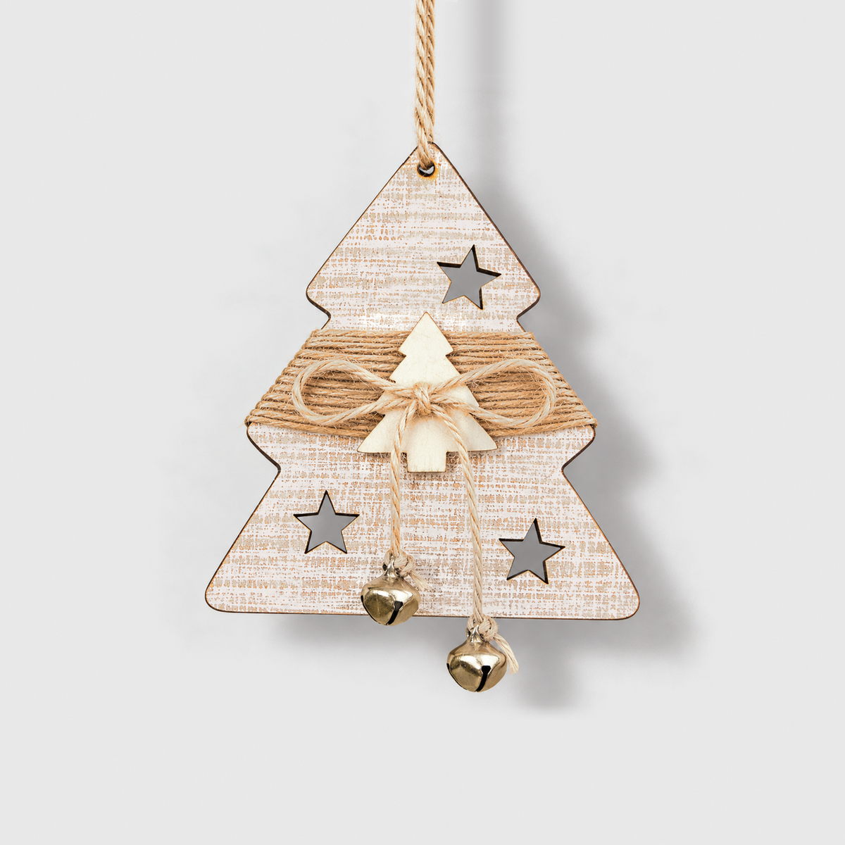 White-washed wooden tree Christmas ornament with a twine band, small wooden tree and two small bells