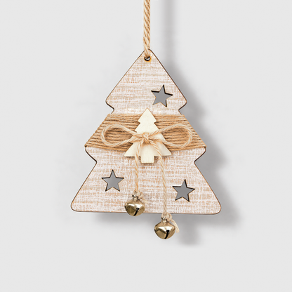 White-washed wooden tree Christmas ornament with a twine band, small wooden tree and two small bells