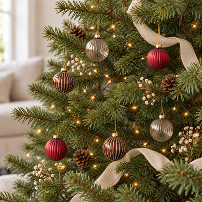 Burgundy and gray ribbed glass baubles hanging on a green Christmas tree with warm lights in daylight