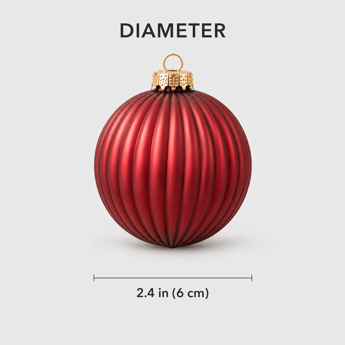 Diameter of one ribbed glass bauble, 2.4 inches or 6 centimeters