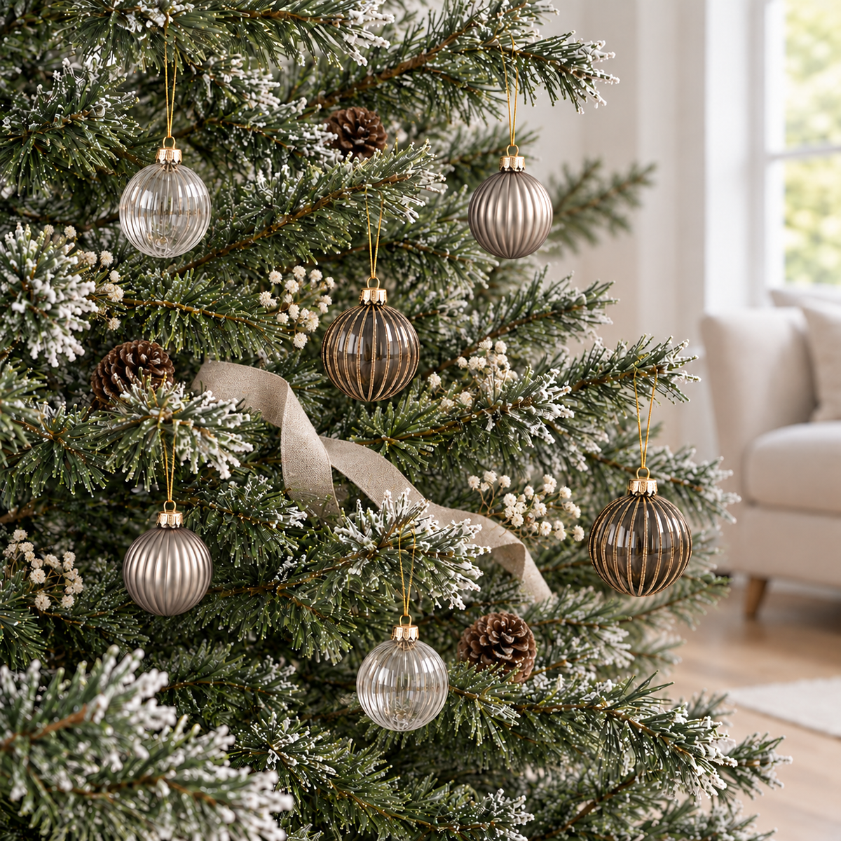 Champagne, charcoal striped and clear ribbed glass baubles hanging on a frosted Christmas tree in daylight