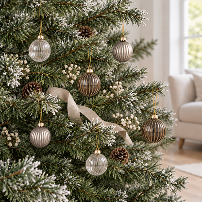 Champagne, charcoal striped and clear ribbed glass baubles hanging on a frosted Christmas tree in daylight