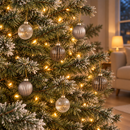 Champagne and gray glass baubles glowing on a lit Christmas tree in the evening