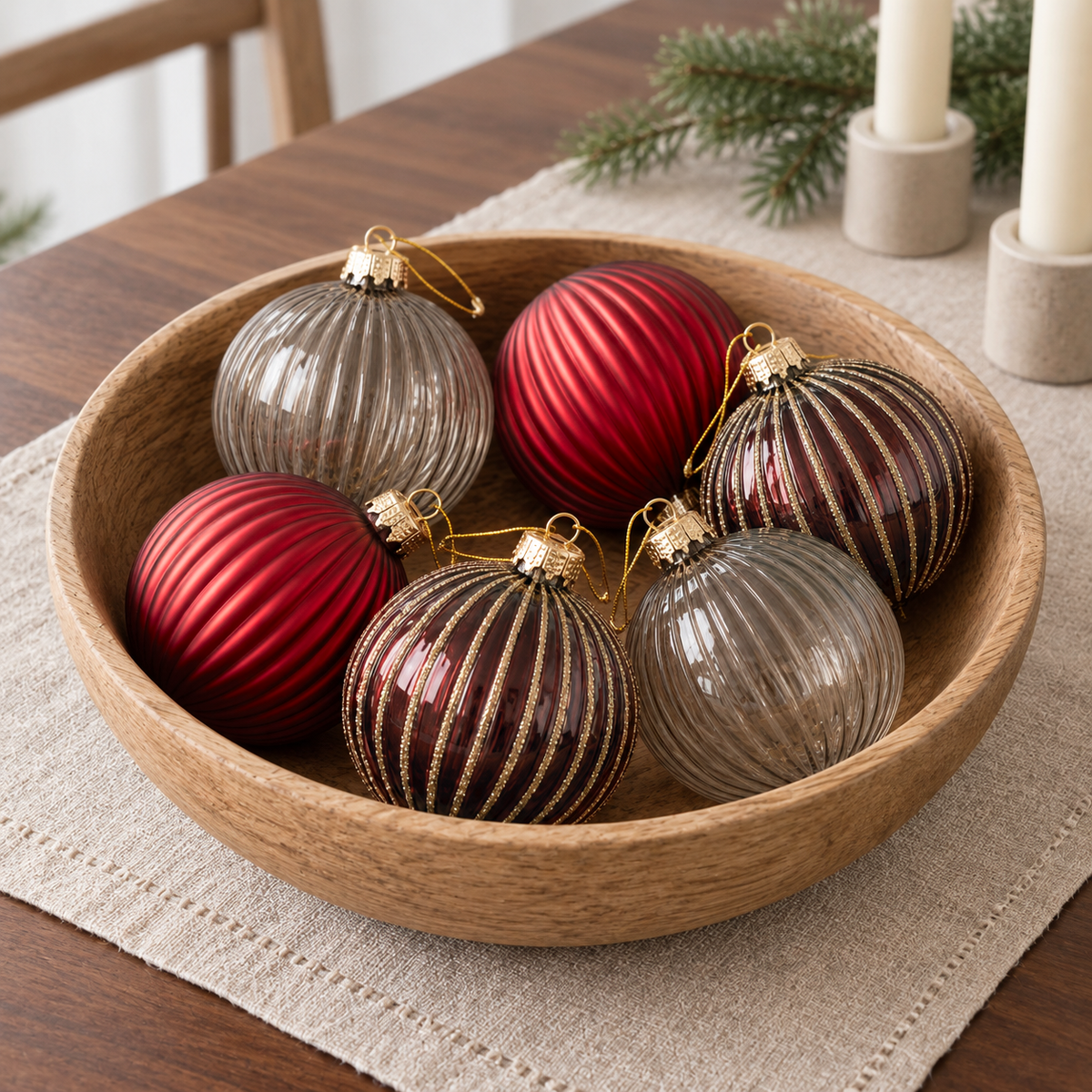 Six burgundy and gray glass baubles in a wooden bowl as a Christmas table centerpiece