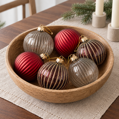 Six burgundy and gray glass baubles in a wooden bowl as a Christmas table centerpiece