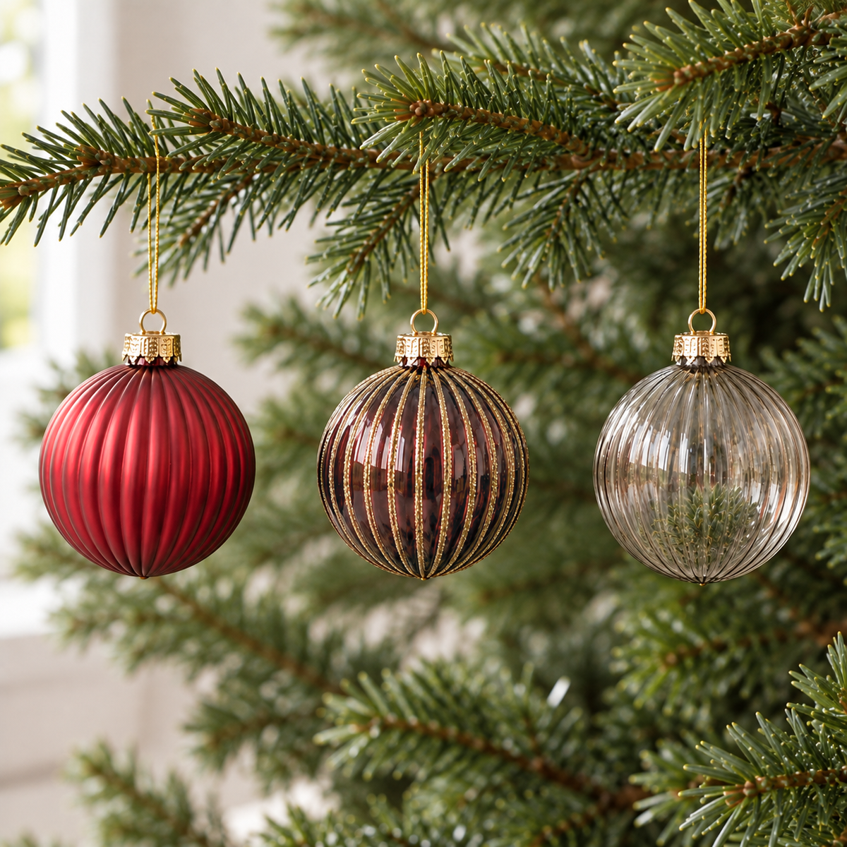 Close-up of red matte, gold glitter striped and smoky gray ribbed glass baubles