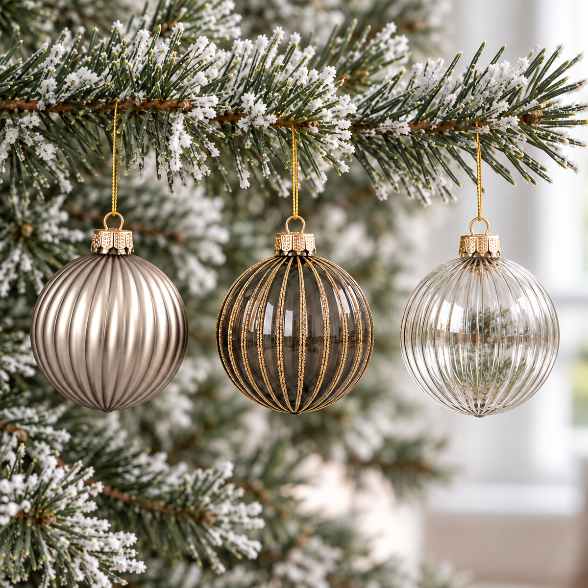 Close-up of champagne satin, charcoal glitter striped and clear ribbed glass baubles