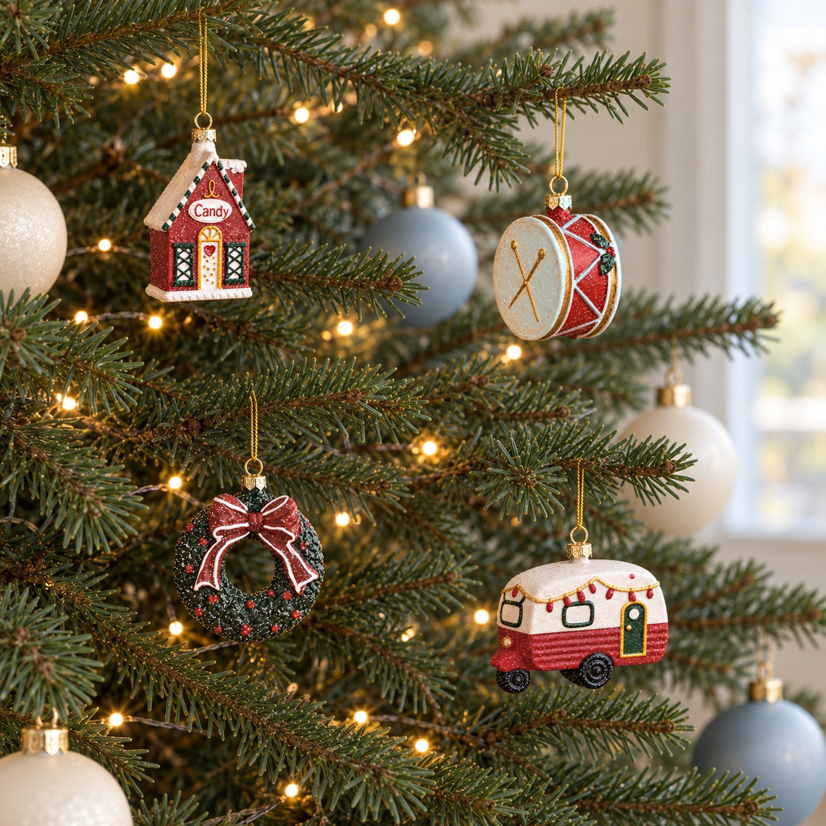 House, drum, wreath and camper trailer Christmas ornaments hanging on a fir tree with ivory and pale blue baubles and warm fairy lights