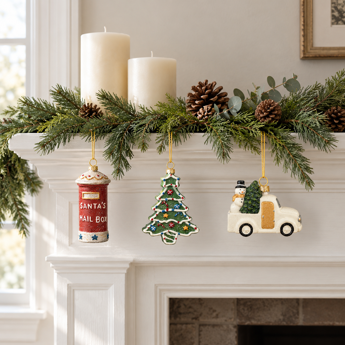 Santa's mailbox, Christmas tree and white pickup truck ornaments hanging from a pine garland on a white fireplace mantel with ivory pillar candles