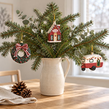 Wreath, house and camper trailer Christmas ornaments hanging on fir and eucalyptus branches in a cream stoneware jug on an oak table