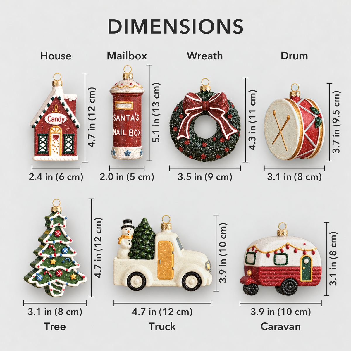 Dimensions chart of all seven glitter Christmas ornaments with height and width in inches and centimeters: house, mailbox, wreath, drum, tree, truck and camper trailer
