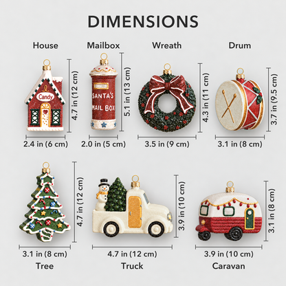 Dimensions chart of all seven glitter Christmas ornaments with height and width in inches and centimeters: house, mailbox, wreath, drum, tree, truck and camper trailer