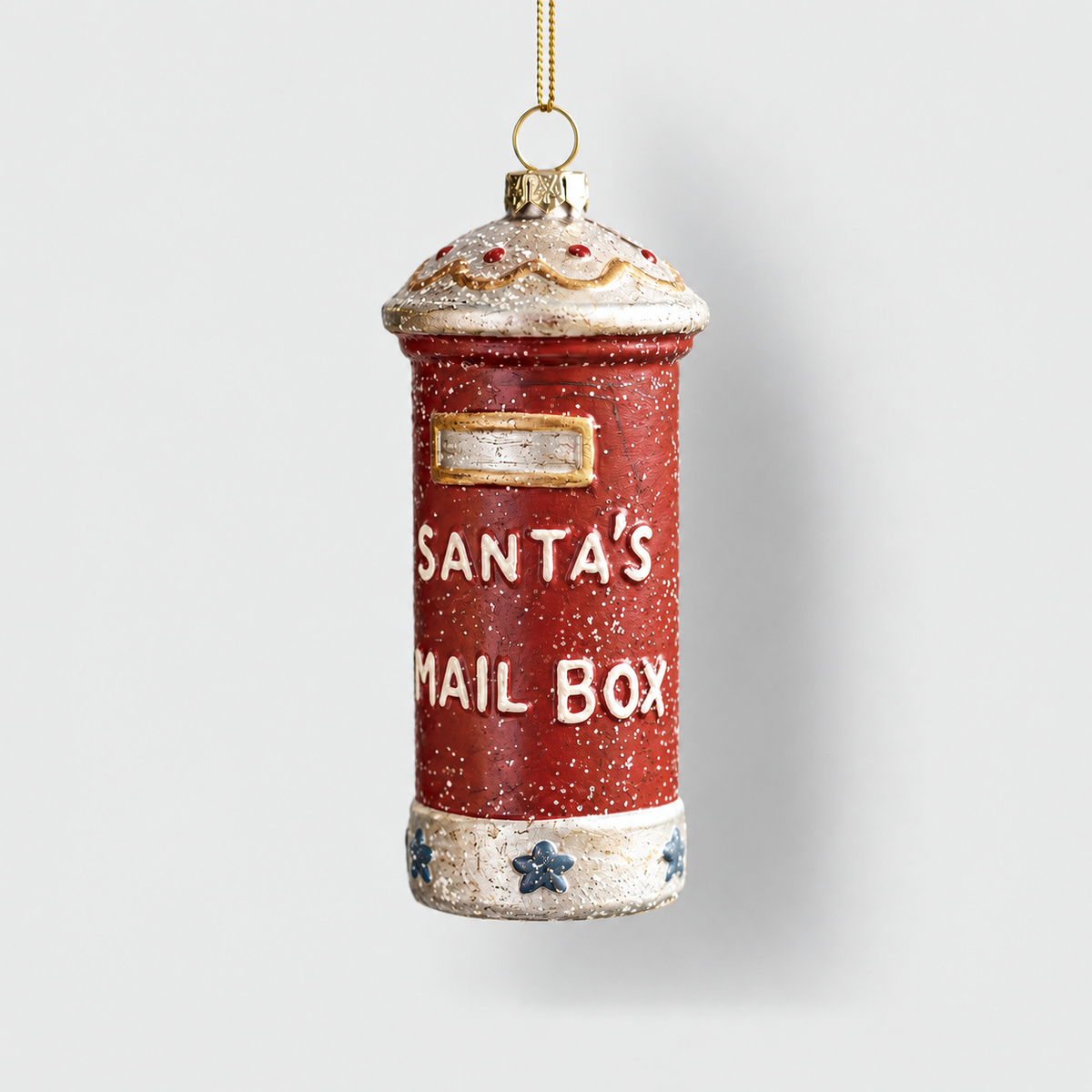 Red Santa's mail box Christmas ornament with a silver dome top and base, hanging from a gold cord on a light gray background