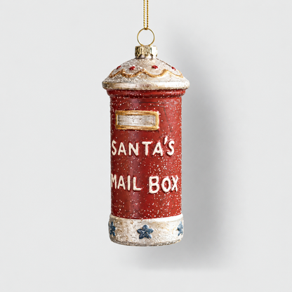 Red Santa's mail box Christmas ornament with a silver dome top and base, hanging from a gold cord on a light gray background