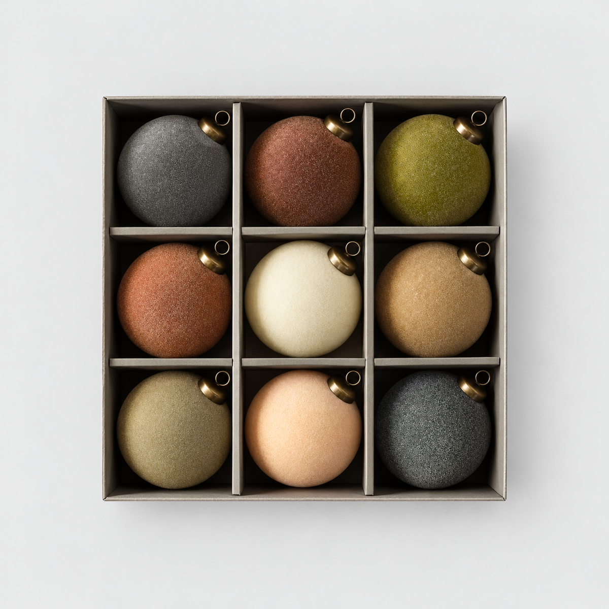 Open box of nine velvet Christmas baubles in nine earth tone colors on a light gray background