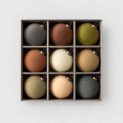 Open box of nine velvet Christmas baubles in nine earth tone colors on a light gray background