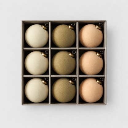 Open box of nine velvet Christmas baubles, three cream, three khaki and three peach, on a light gray background