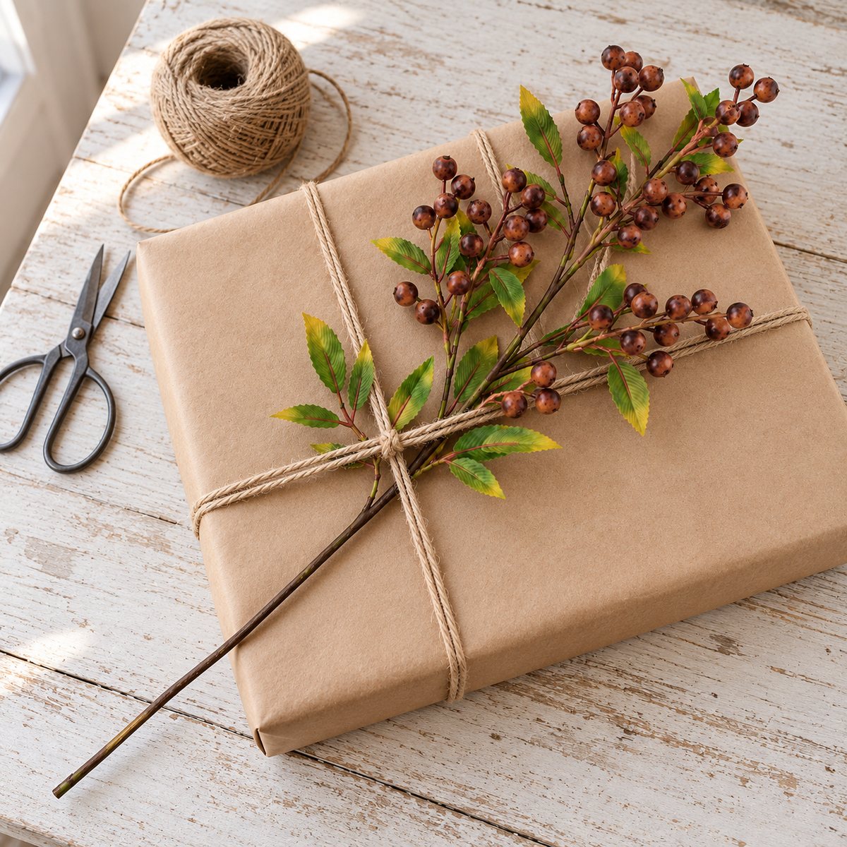 Brown berry branch tucked under the twine of a present wrapped in brown kraft paper