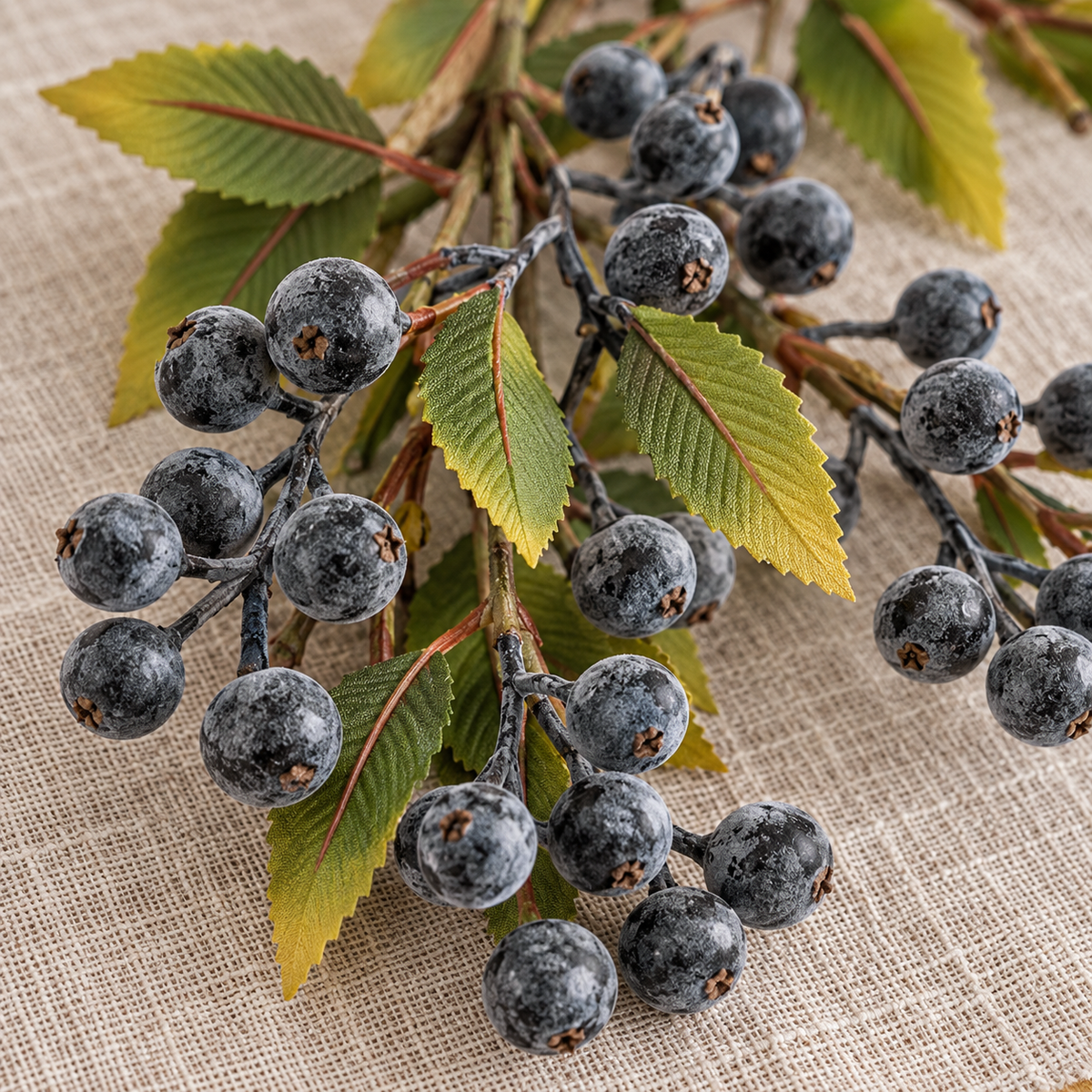 Close-up of the frosted slate blue berries and serrated leaves