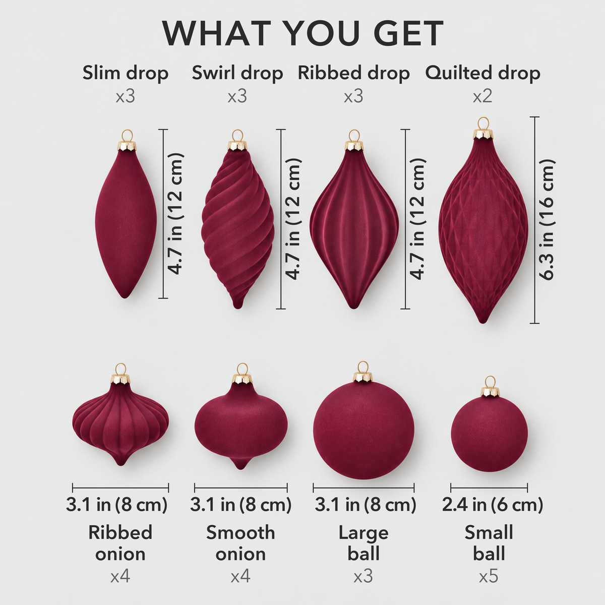 The eight burgundy ornament shapes in the set, with how many of each and their sizes