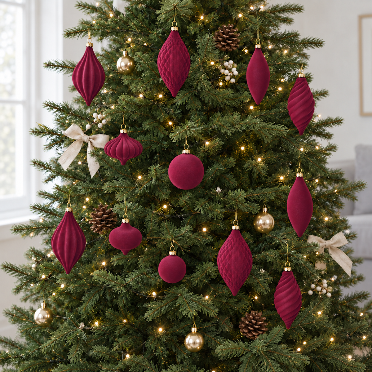 Burgundy velvet drops, onions and balls on a green Christmas tree decorated with fairy lights, gold baubles and pine cones