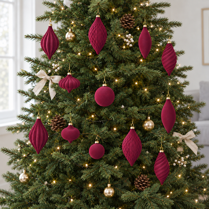 Burgundy velvet drops, onions and balls on a green Christmas tree decorated with fairy lights, gold baubles and pine cones