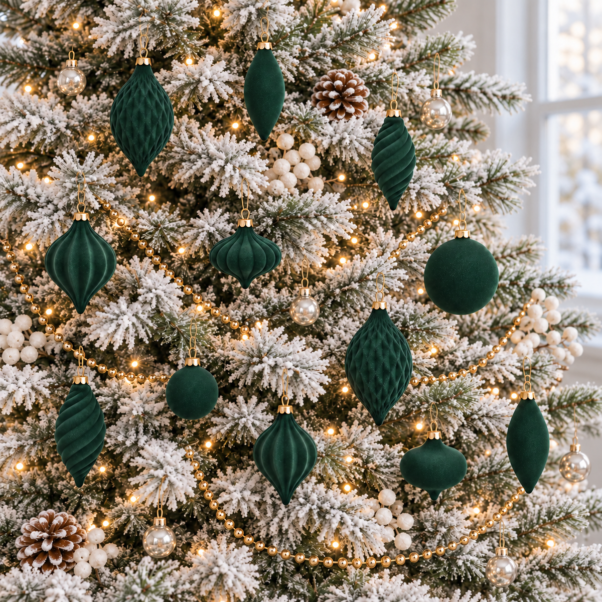 Green velvet Christmas ornaments in mixed shapes on a frosted white tree with fairy lights, silver baubles and white berries