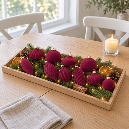 Burgundy velvet ornaments in a wooden tray with fairy lights, pine cones, cinnamon and dried orange beside a lit candle