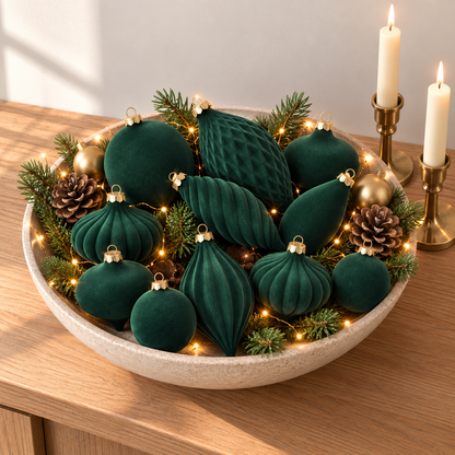 Green velvet ornaments in a stone bowl with brass baubles, pine cones and fairy lights beside lit brass candlesticks
