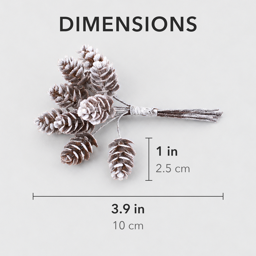 Frosted pine cone bundle measuring about 3.9 inches long, each cone about 1 inch
