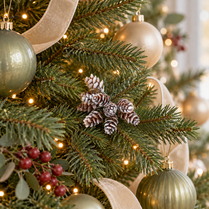 Frosted pine cone picks tucked into a Christmas tree with glass baubles, ribbon and fairy lights