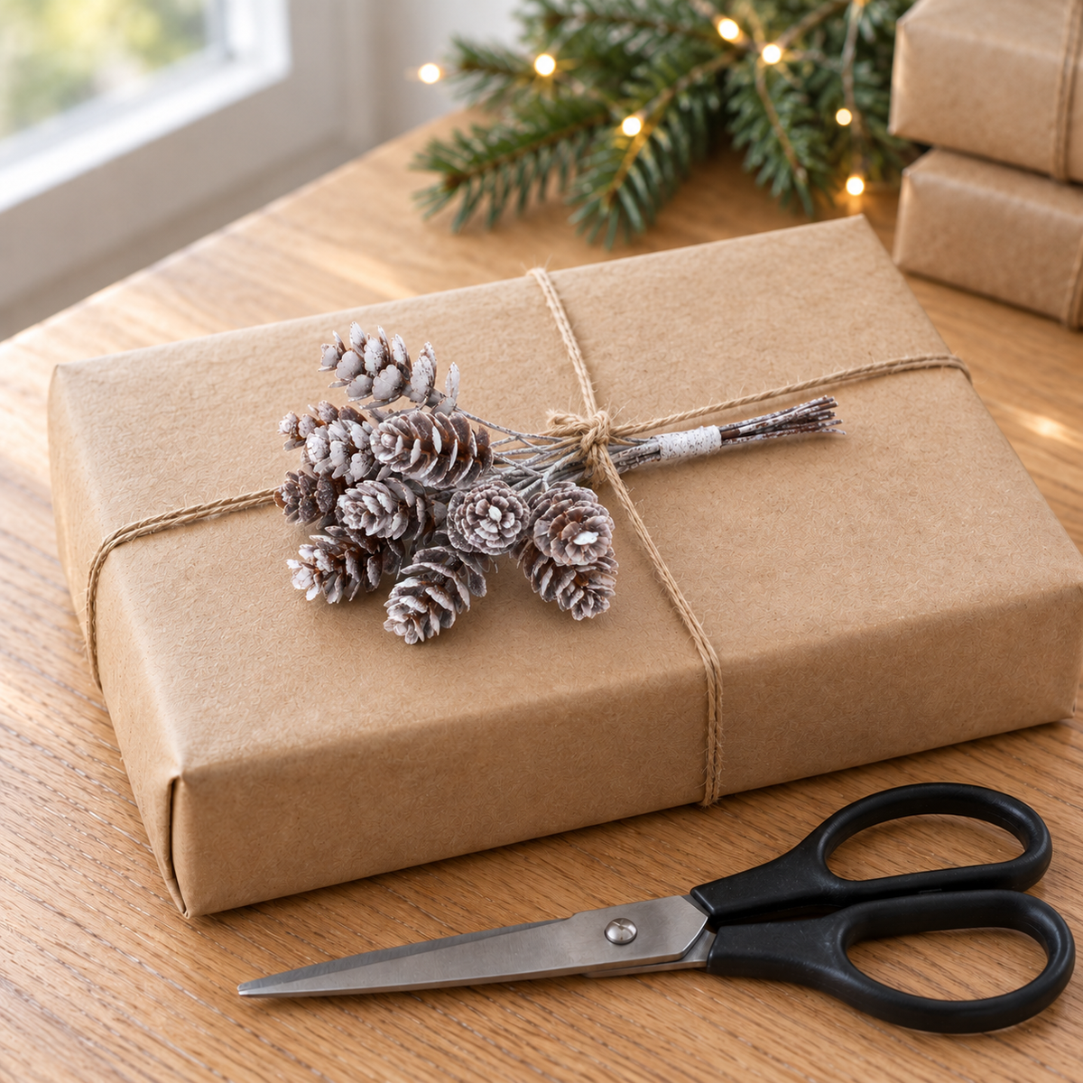 Frosted pine cone bundle tucked into the twine on a small present wrapped in brown paper