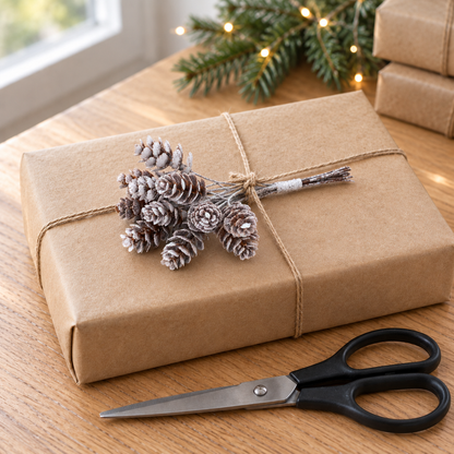 Frosted pine cone bundle tucked into the twine on a small present wrapped in brown paper