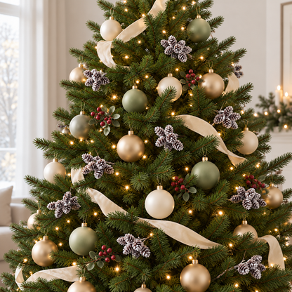 A Christmas tree dressed with twelve bundles of frosted pine cone picks among satin baubles, ribbon and fairy lights