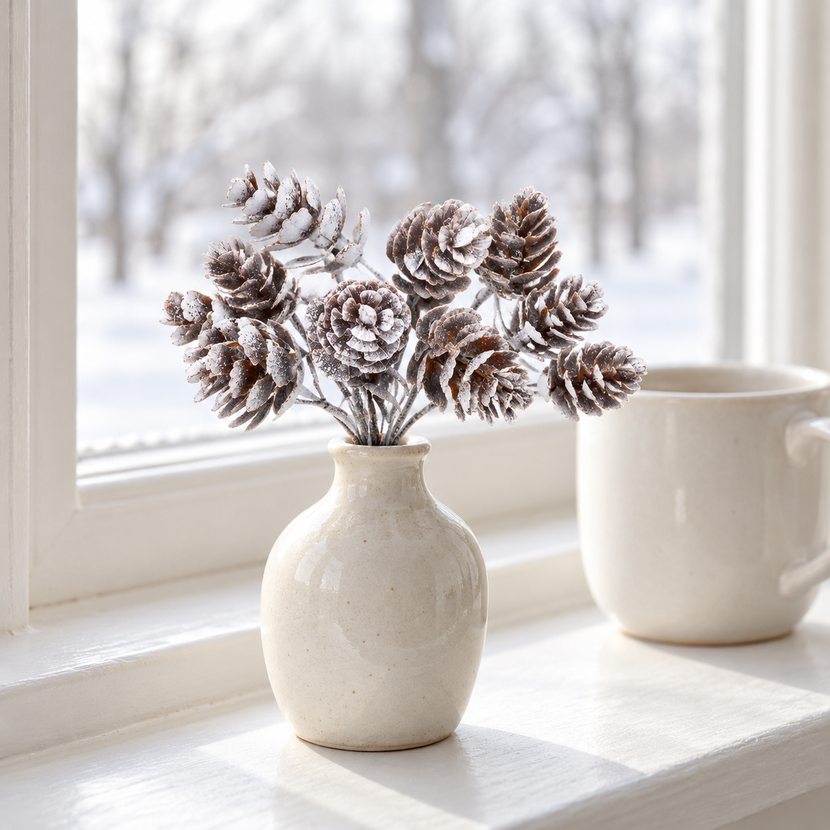 Frosted pine cone picks standing in a small cream bud vase on a windowsill