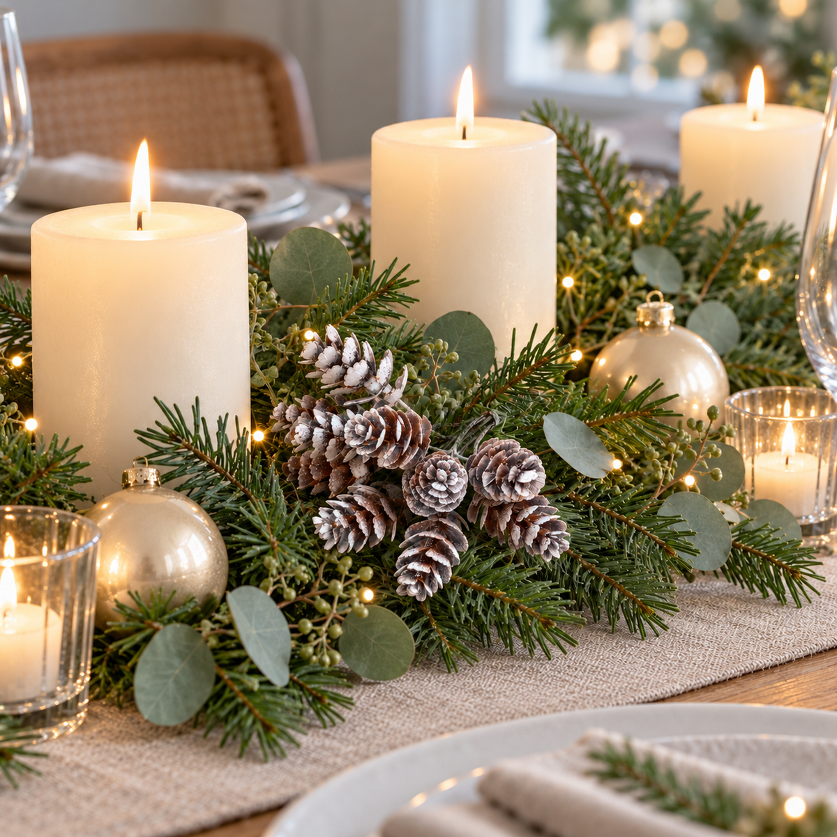 Frosted pine cone picks in a winter table centrepiece with lit candles and greenery