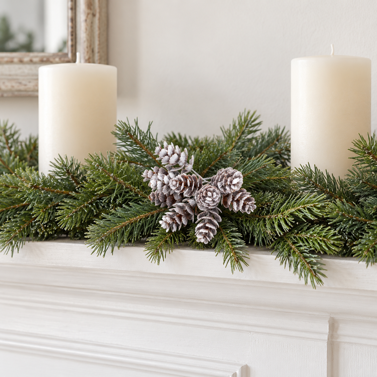 Frosted pine cone picks in a fir garland on a white fireplace mantel beside cream candles